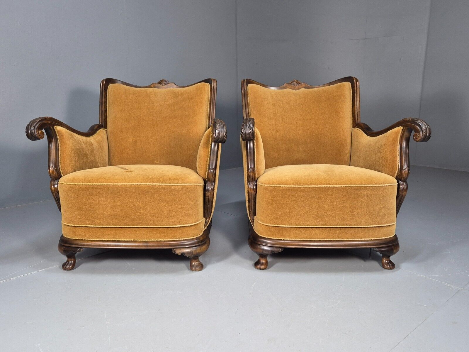 2 Vintage Danish Antique Chairs Gold Velour 1930s Carved Wood EB8969 VCLO - UKDK FURNITURE