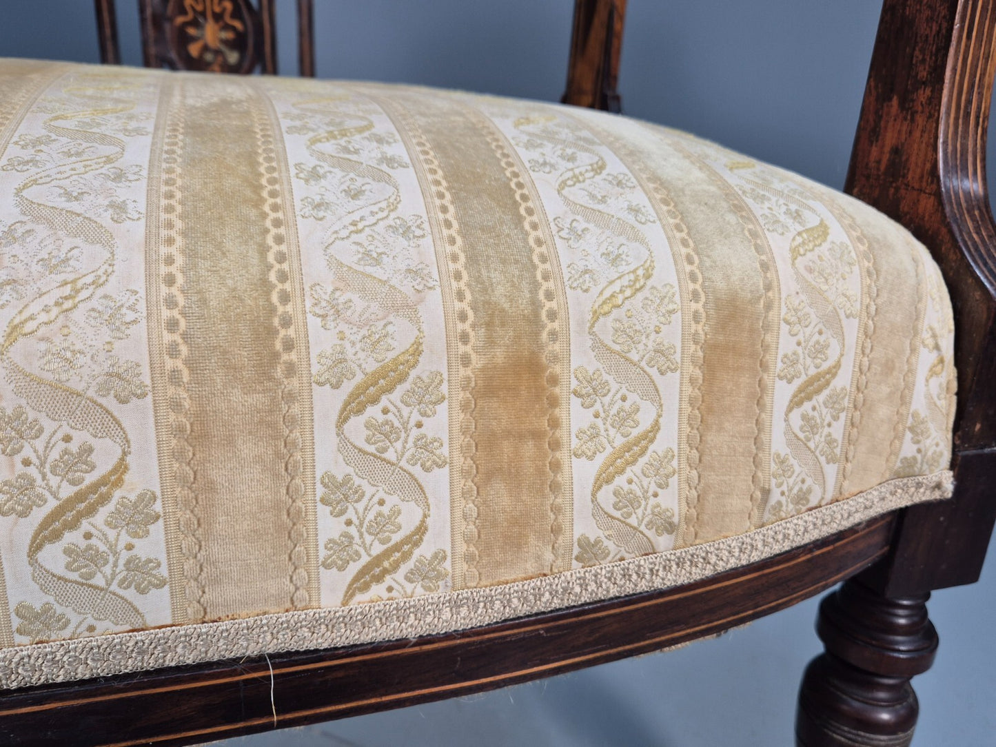 2 Vintage Lounge Chair Gold Stripe Mahogany Inlay Edwardian Revival EB8429 VCLO - UKDK FURNITURE