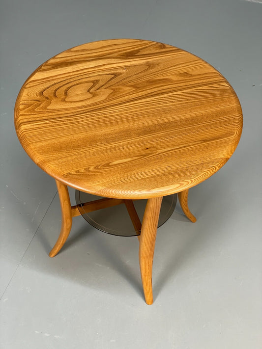 Vintage Ercol Side Table - Solid Blonde Elm Glass Magazine Rack EB10978 MWOO1