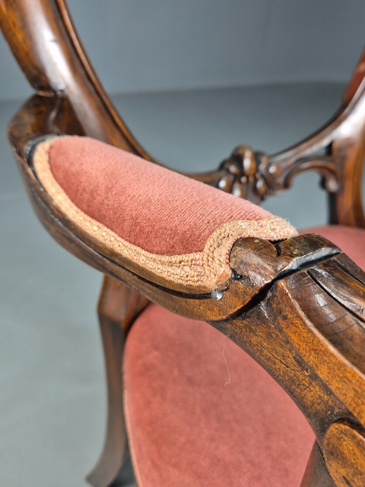 Vintage Elbow Chair Pink Velour Mahogany Frame Balloon Back Antique EB7861 VCAR - UKDK FURNITURE