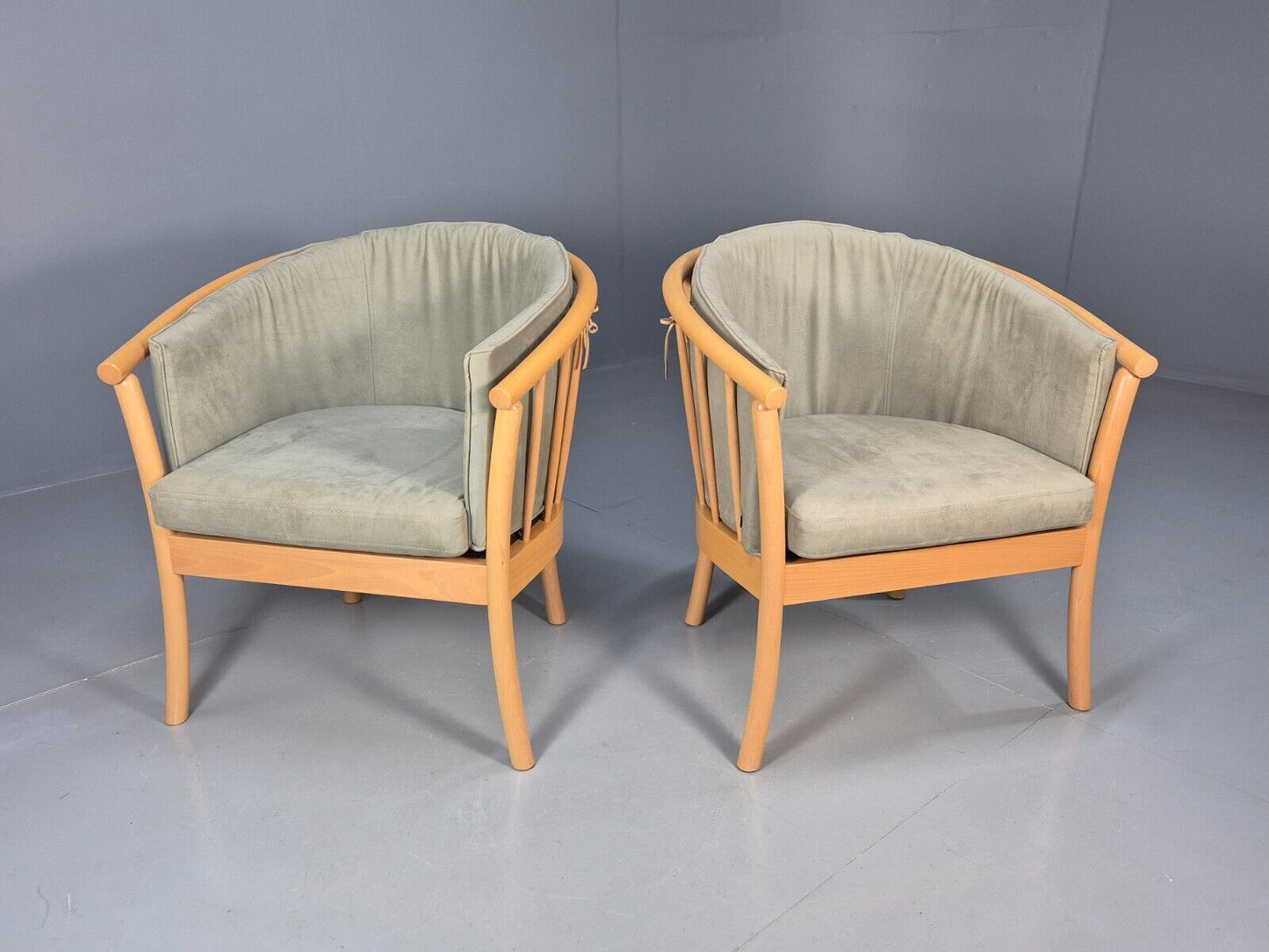 2 Vintage Danish Lounge Chairs Light Green Faux Suede Tub Frame MCM EB8511 MNOR - UKDK FURNITURE