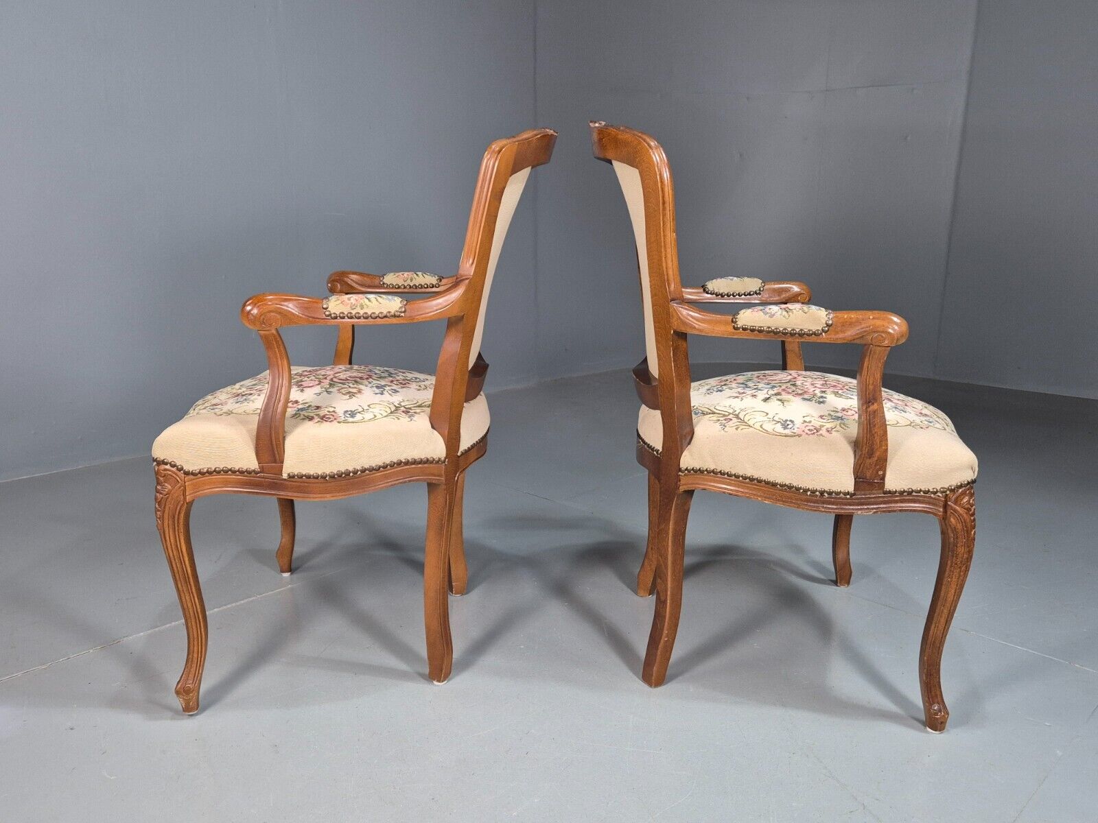 2 Vintage Danish Lounge Chairs Fauteuil Floral Tapestry French Repro EB8077 VCAR - UKDK FURNITURE
