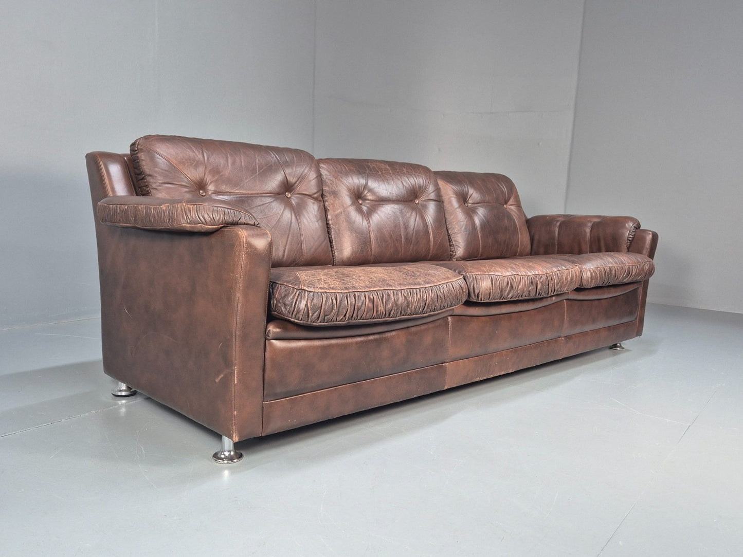 1970s Three Seat Retro Sofa Danish Brown Leather Vintage EB10687 V3SS1