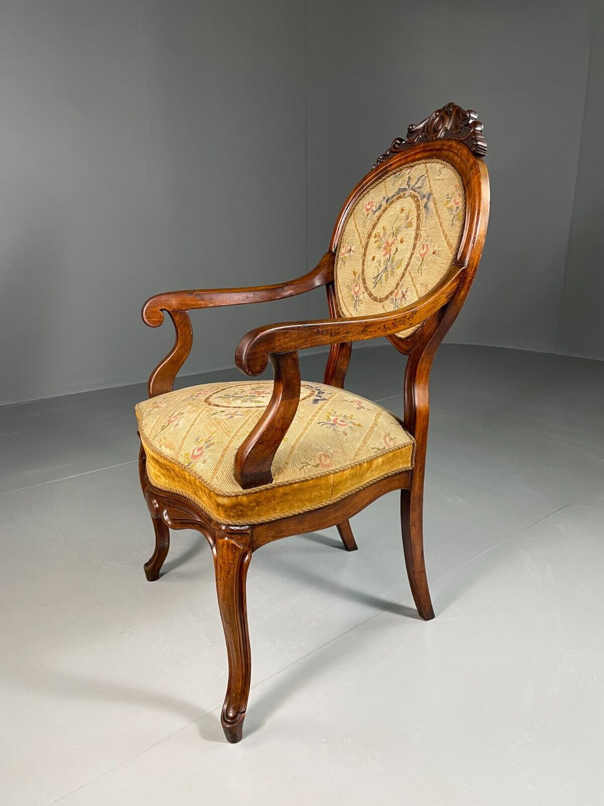 Vintage Danish Fauteuil Chair Mahogany Floral Tapestry Antique EB6453 VCLO - UKDK FURNITURE
