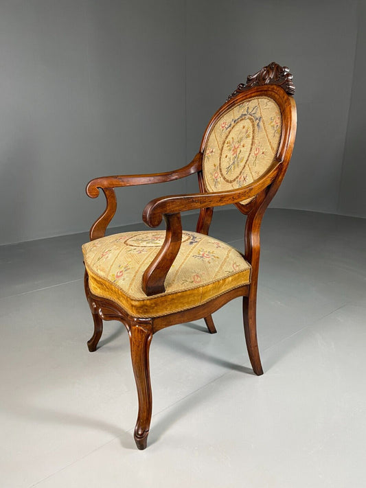 Vintage Danish Fauteuil Chair Mahogany Floral Tapestry Antique EB6453 VCLO - UKDK FURNITURE