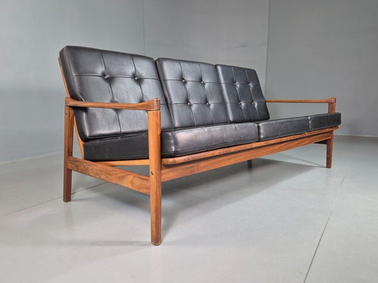 Vintage Swedish 3 Seat Sofa Black Vinyl Teak Frame Erik Worts Retro EB7567 M3SS - UKDK FURNITURE
