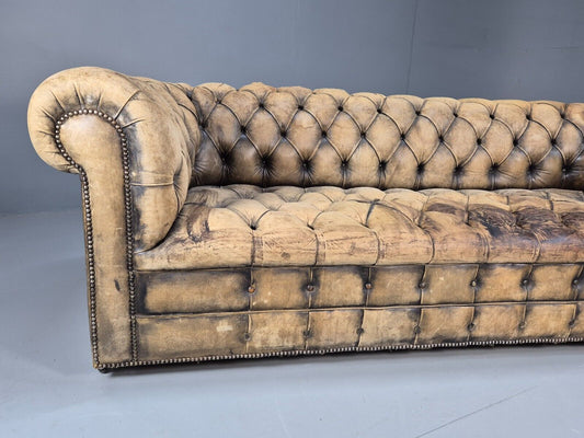 Vintage Chesterfield Sofa Faded Mustard Tan Leather Shabby 1950s EB9401 VCHE - UKDK FURNITURE