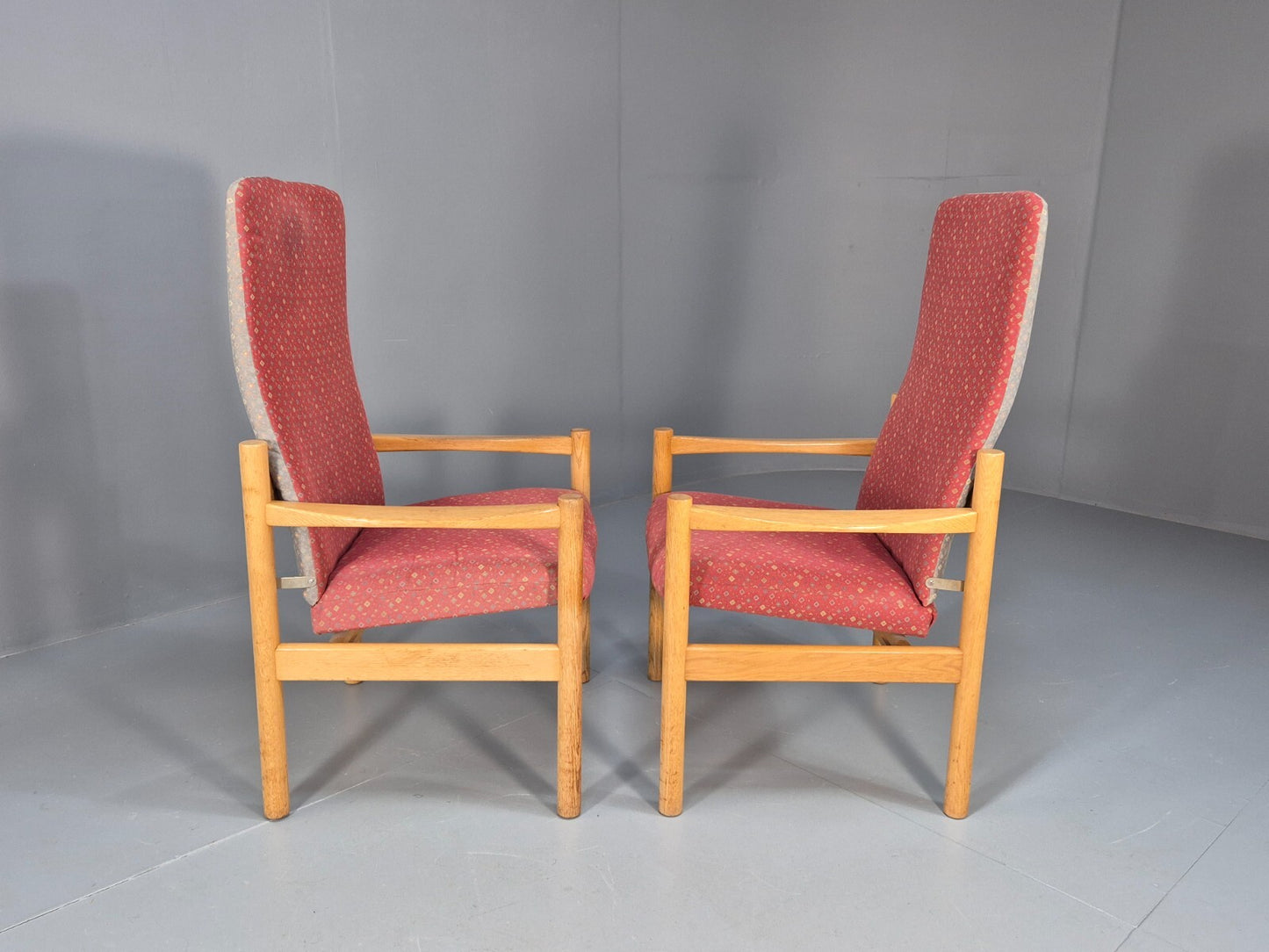 2 Vintage Danish High Back Armchairs Pink and Grey Oak Frame MCM EB9370 MNOR - UKDK FURNITURE