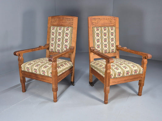 2 Vintage Danish Lounge Chairs Floral Embroidery Oak Frame Antique EB8916 VCAR - UKDK FURNITURE
