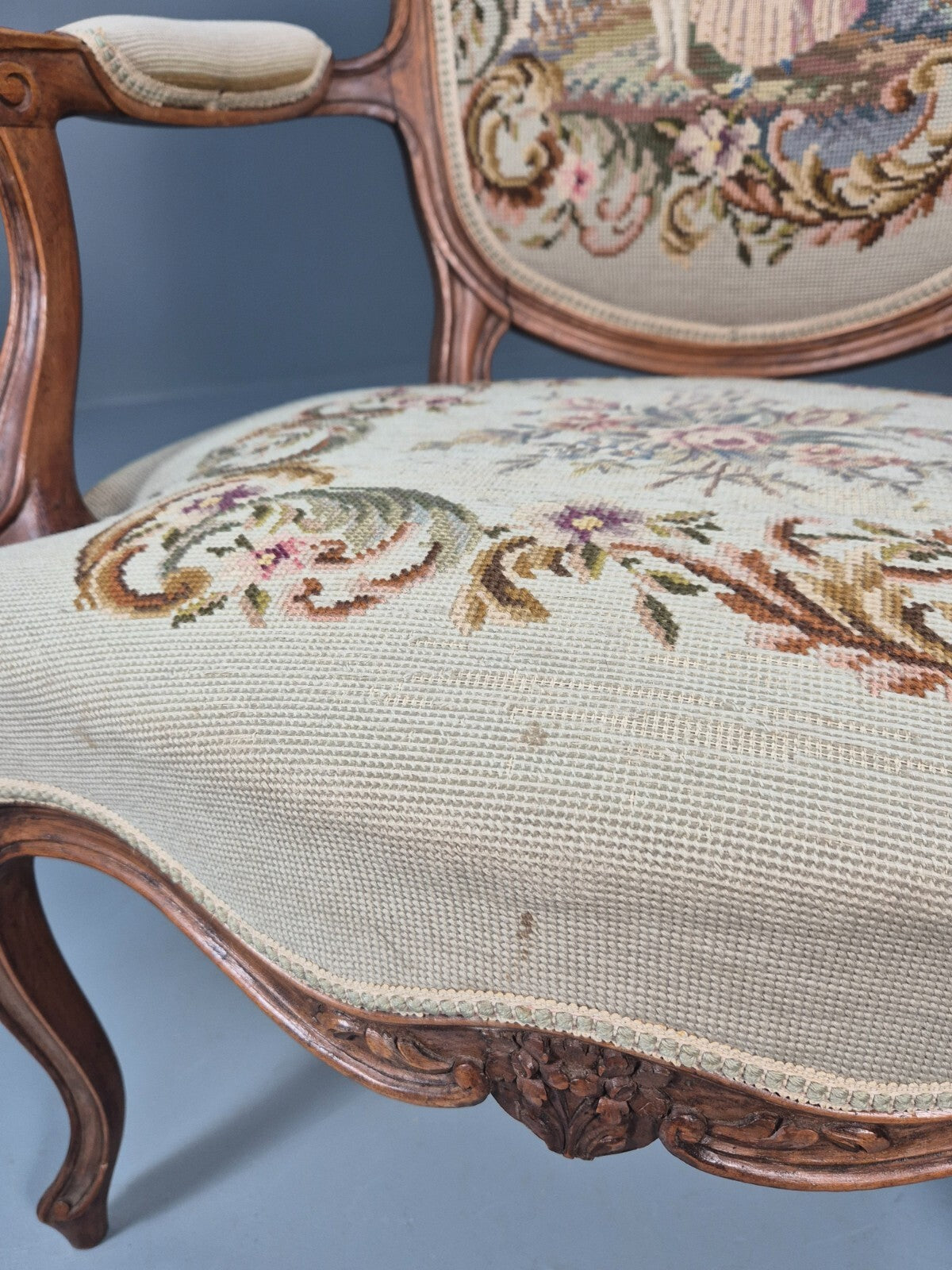 Antique Danish Lounge Chair Embroidered Lovers Tapestry French Style EB9637 VCAR - UKDK FURNITURE