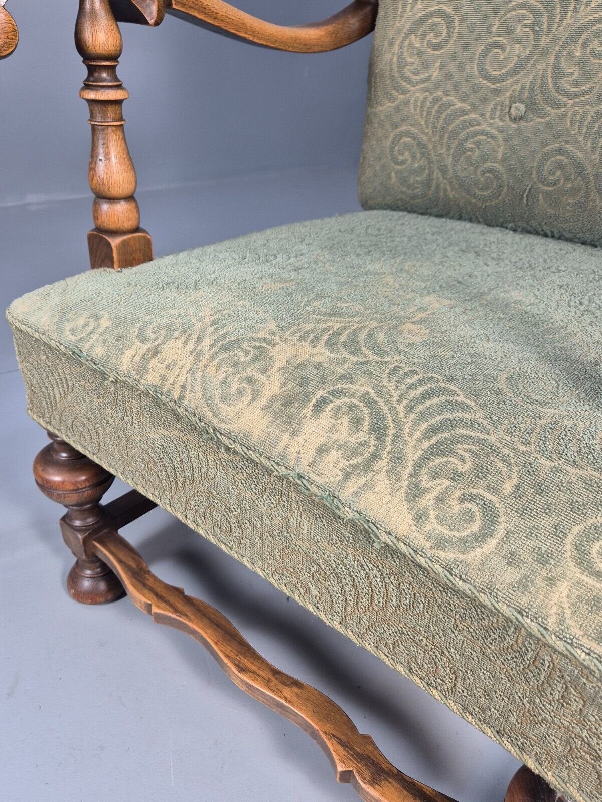 Vintage Danish Lounge Chair Green Moquette Carved Oak Frame 1940s EB8998 VCLO - UKDK FURNITURE