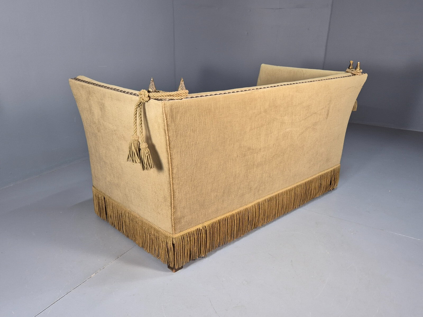 Vintage Two Seater Sofa Green Velour Studded Tassels Danish Design EB9549 V2SS - UKDK FURNITURE