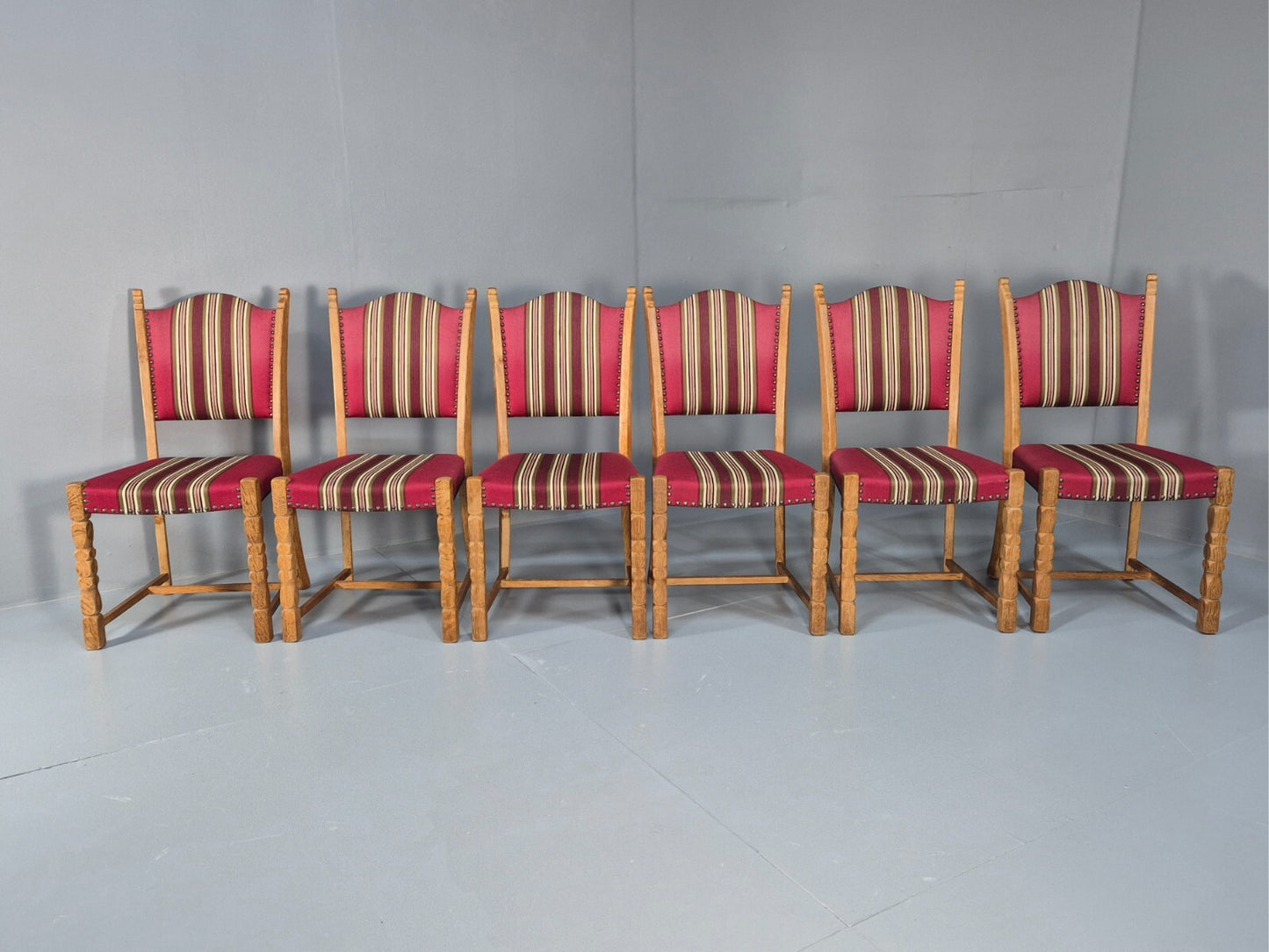 6 Vintage Kjaernulf Style Dining Chairs Oak Red Wool 1970s Retro EB9535 MDIN - UKDK FURNITURE