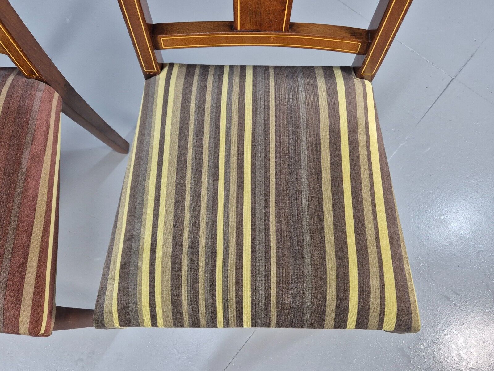 2 Vintage Dining Chairs Stripe Upholstery Boxwood Inlay 1920s EB8852 VDIN - UKDK FURNITURE