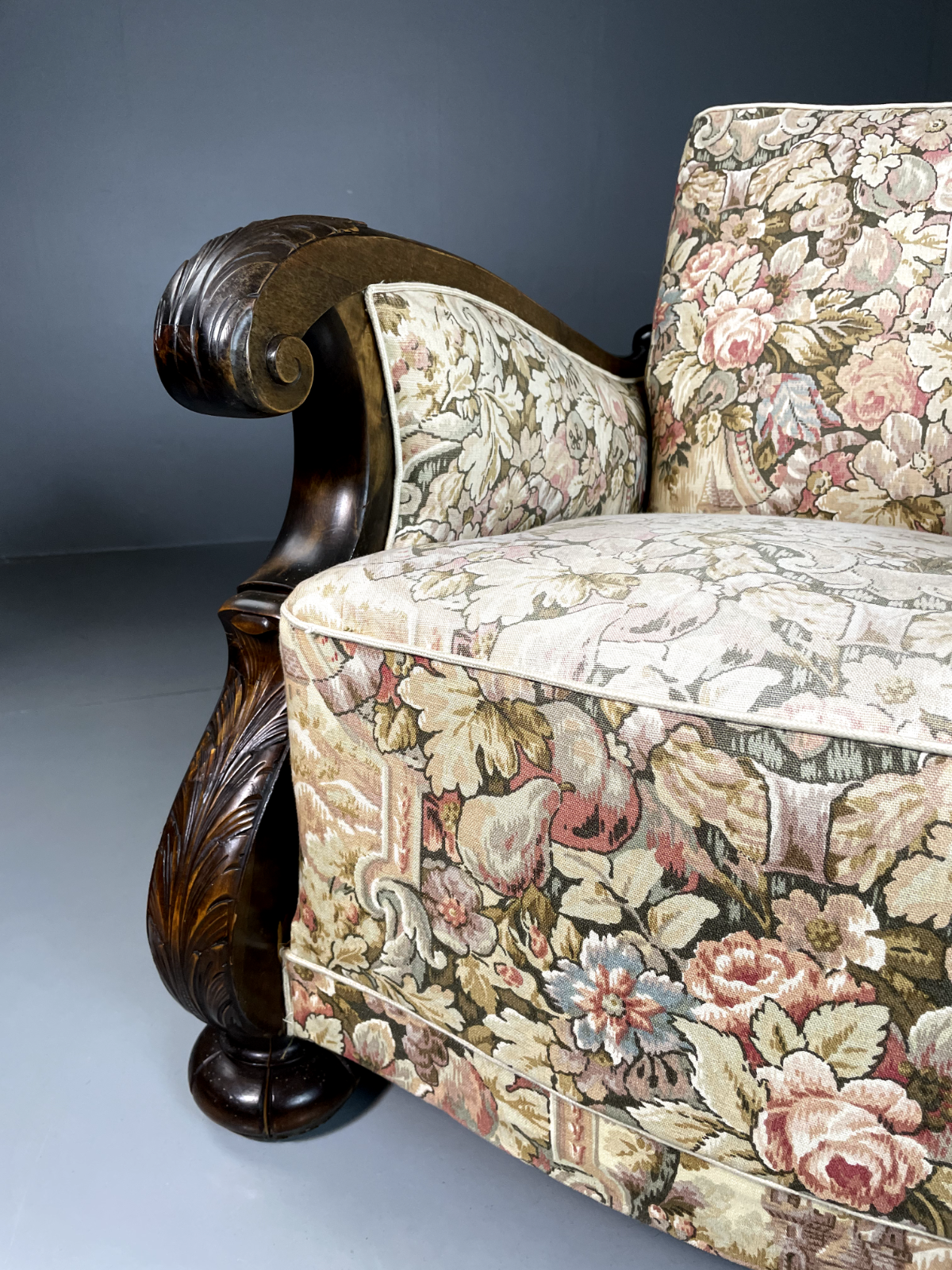 Vintage Danish Lounge Chair, Antique, Floral, Carved Wood Frame, EB2466 VCAR - UKDK FURNITURE
