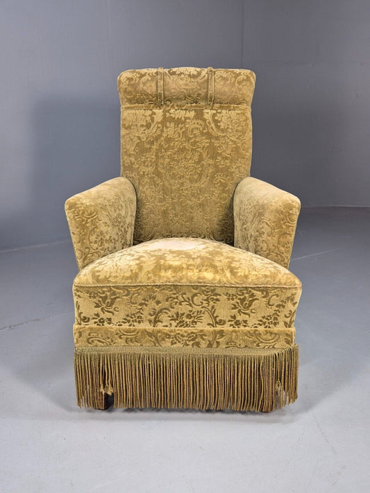 Vintage Danish Lounge Chair Green Moquette Tassels Antique 1900s EB8458 VCLO - UKDK FURNITURE