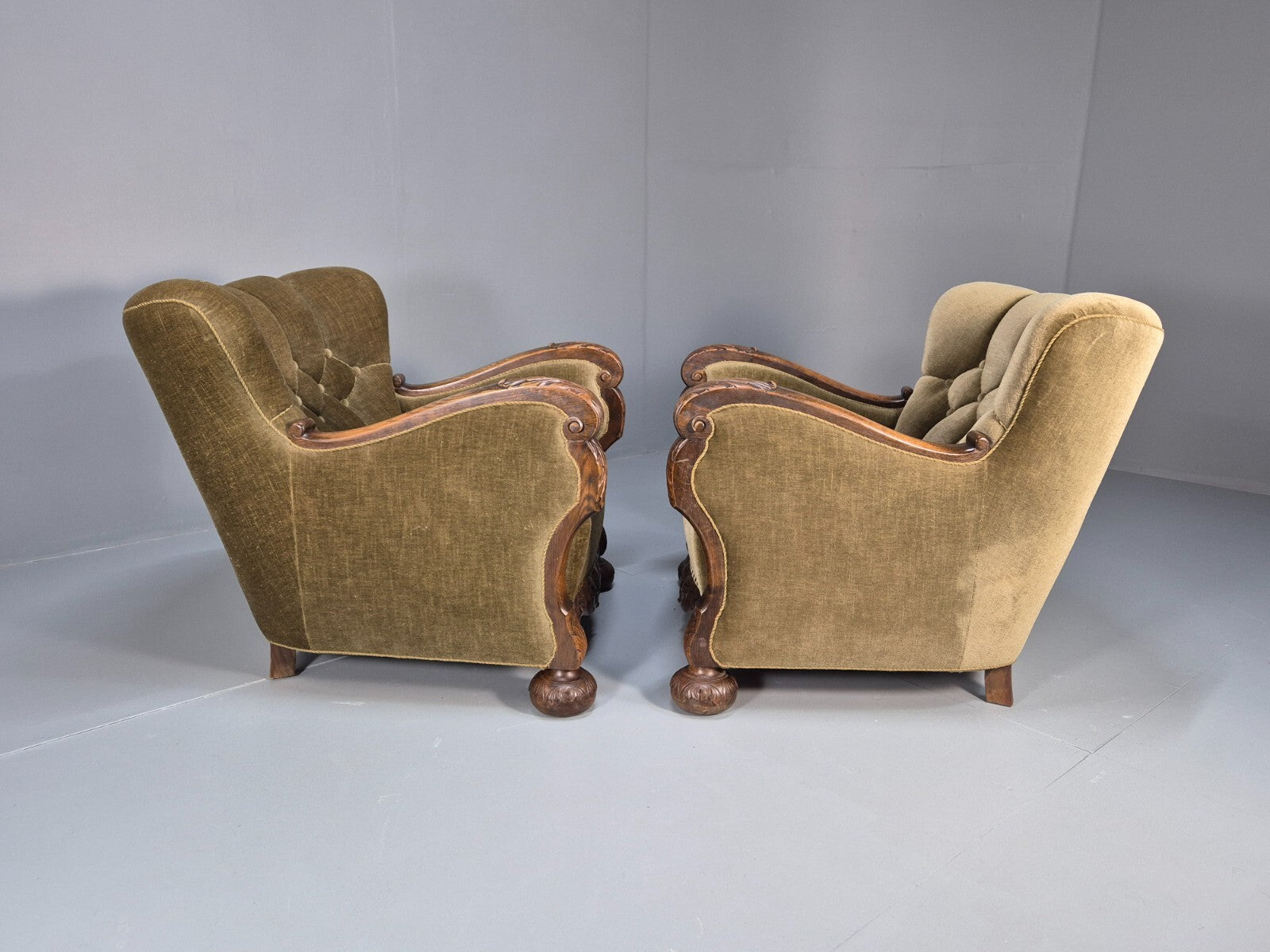 2 Antique Carved oak Danish Lounge Chairs Mink Velour Fan Back 1930s EB9557 VCLO - UKDK FURNITURE