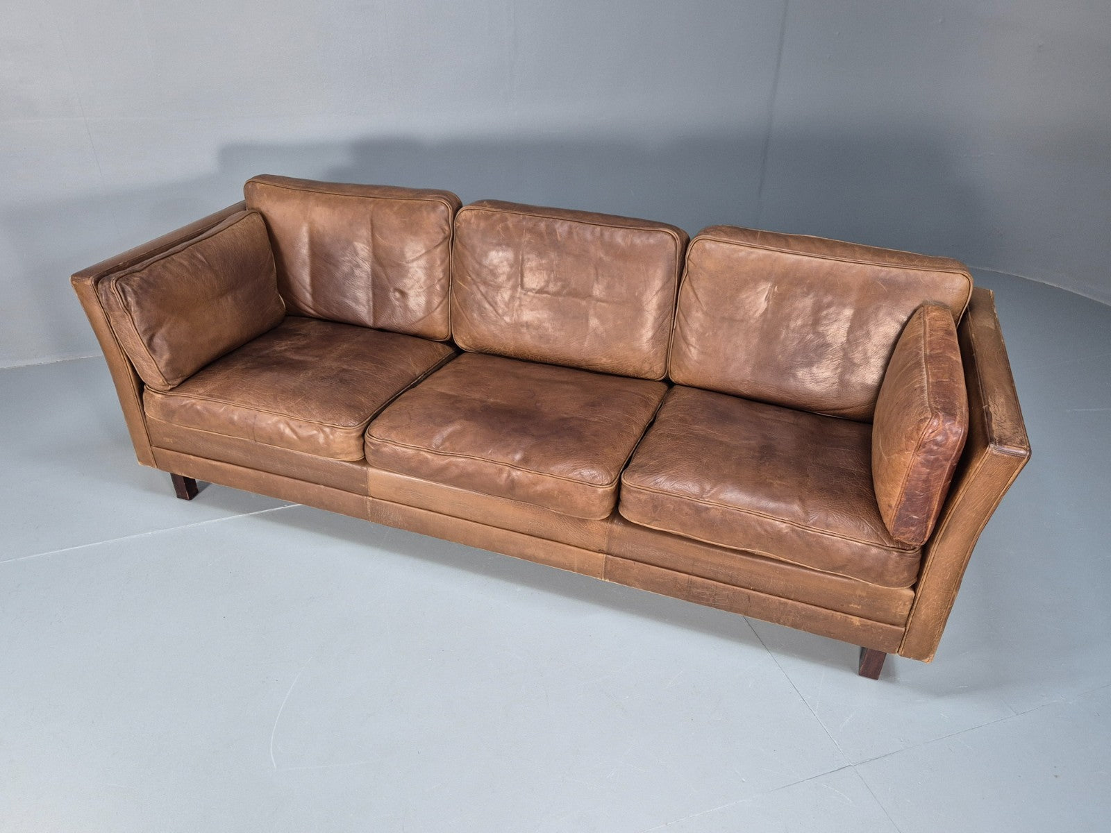 Mid Century 3 Seater Leather Sofa Danish Tan Leather  1970s Retro EB10102 M3SS5