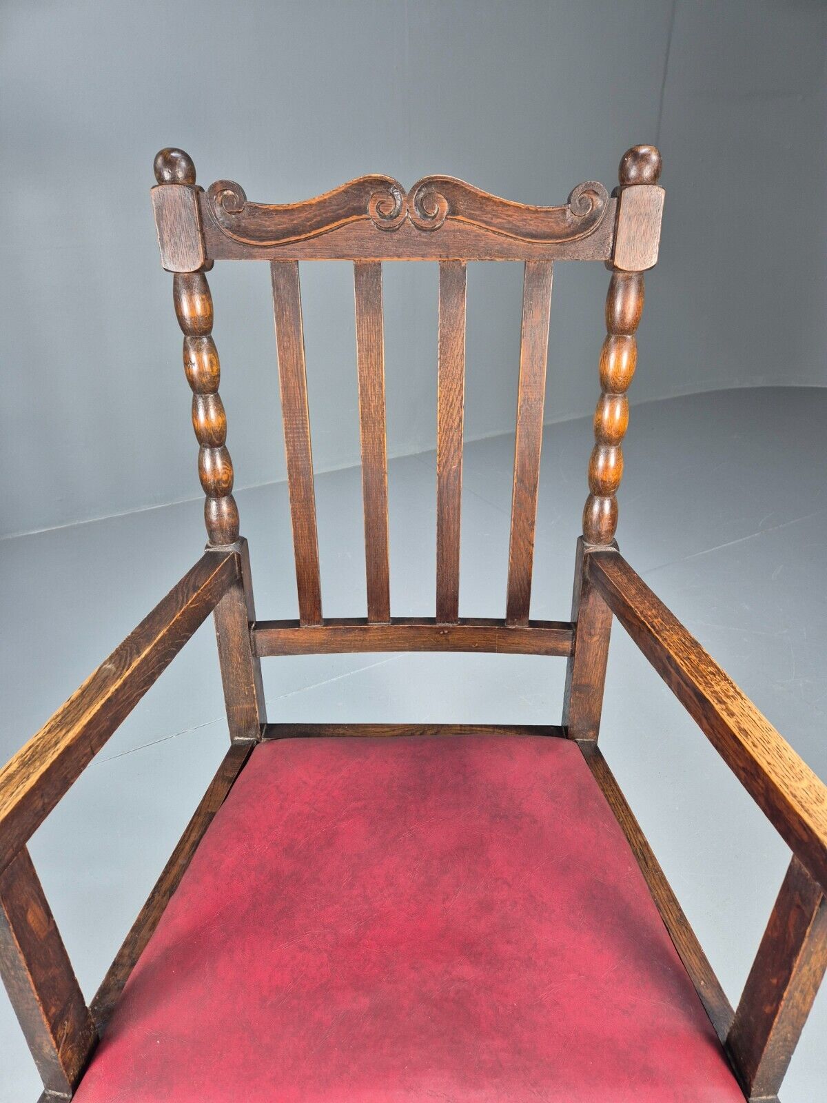Vintage Elbow Chair Red Vinyl Oak Frame 1920s Antique EB9134 VDIN - UKDK FURNITURE