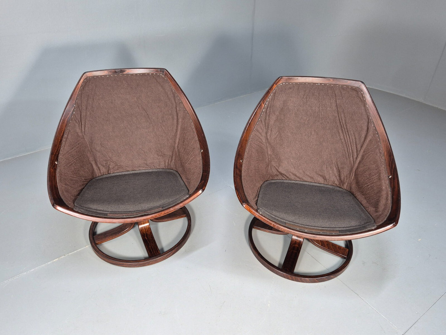 2 Vintage Danish Tan Leather Lounge Chairs Swivel Base MCM Retro EB9299 MSWI - UKDK FURNITURE