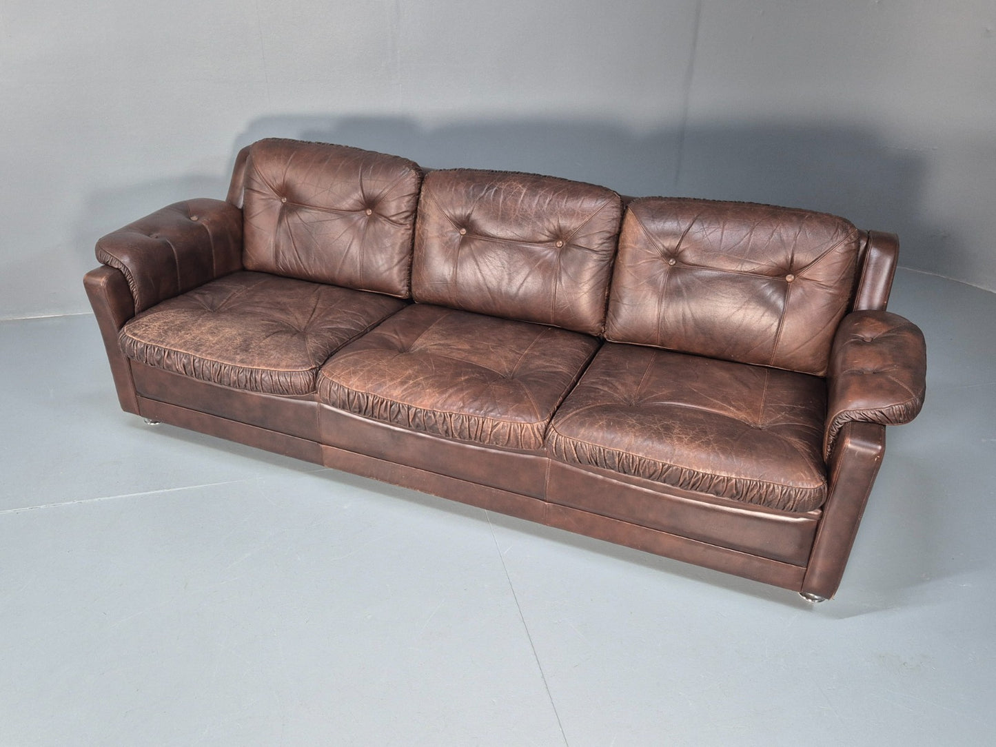 1970s Three Seat Retro Sofa Danish Brown Leather Vintage EB10687 V3SS6