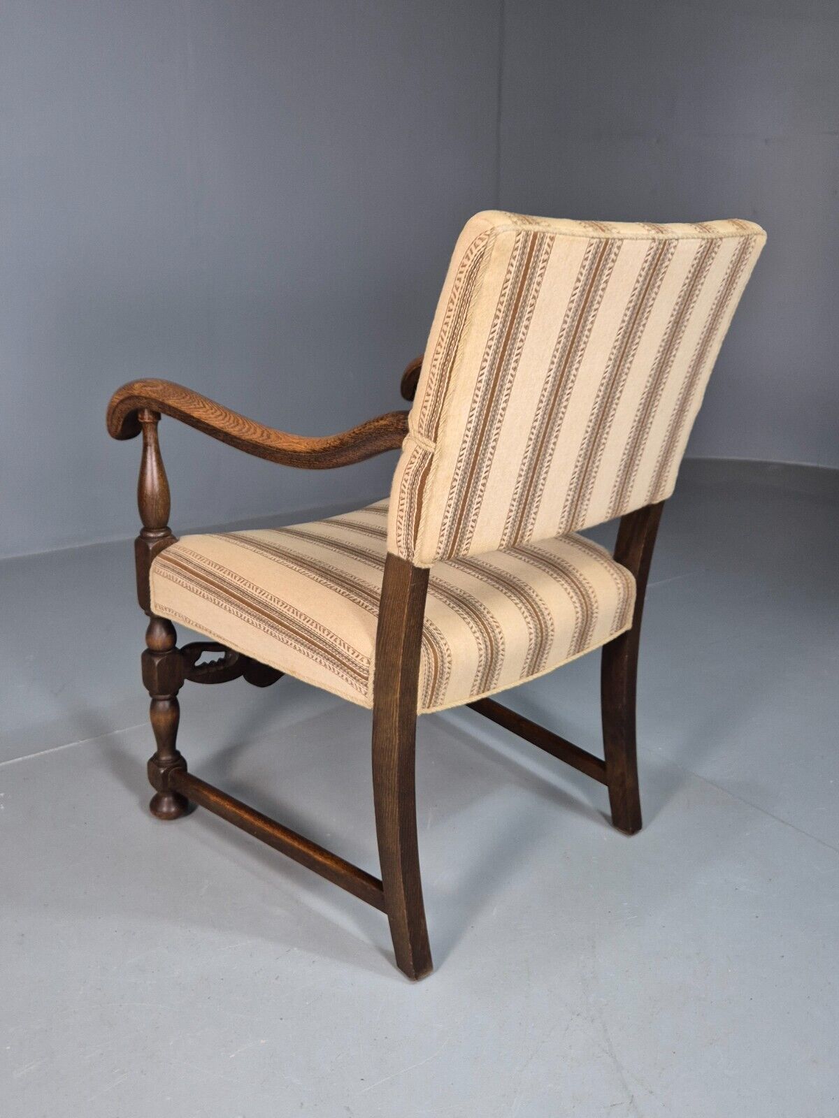 Vintage Danish Elbow Chair Cream Stripe Oak Frame 1950s Repro EB8084 VDIN - UKDK FURNITURE