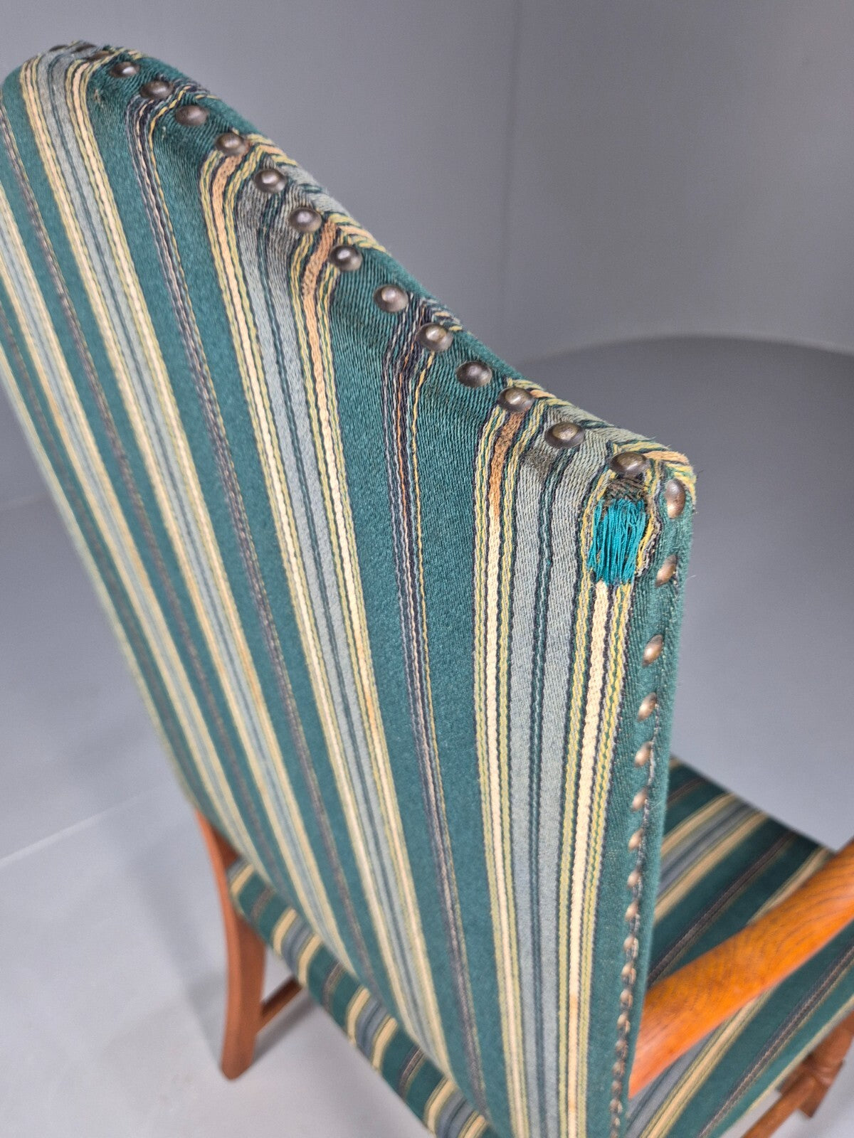 A Vintage Danish Baroque Style Armchair Green Wool Stripe Oak Frame EB9002 VCLO - UKDK FURNITURE