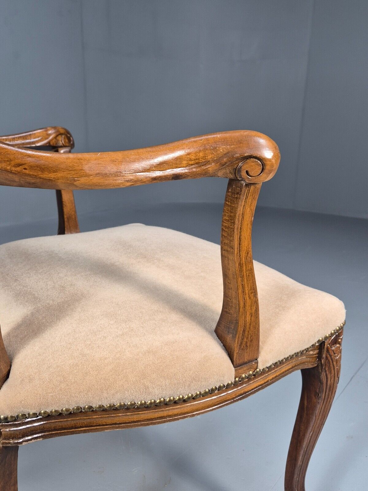 Vintage Danish Antique French Style Elbow Chair Beige Velour EB8439 VDIN - UKDK FURNITURE