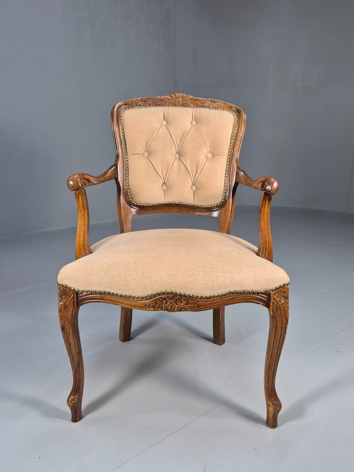 Vintage Danish Antique French Style Elbow Chair Beige Velour EB8439 VDIN - UKDK FURNITURE