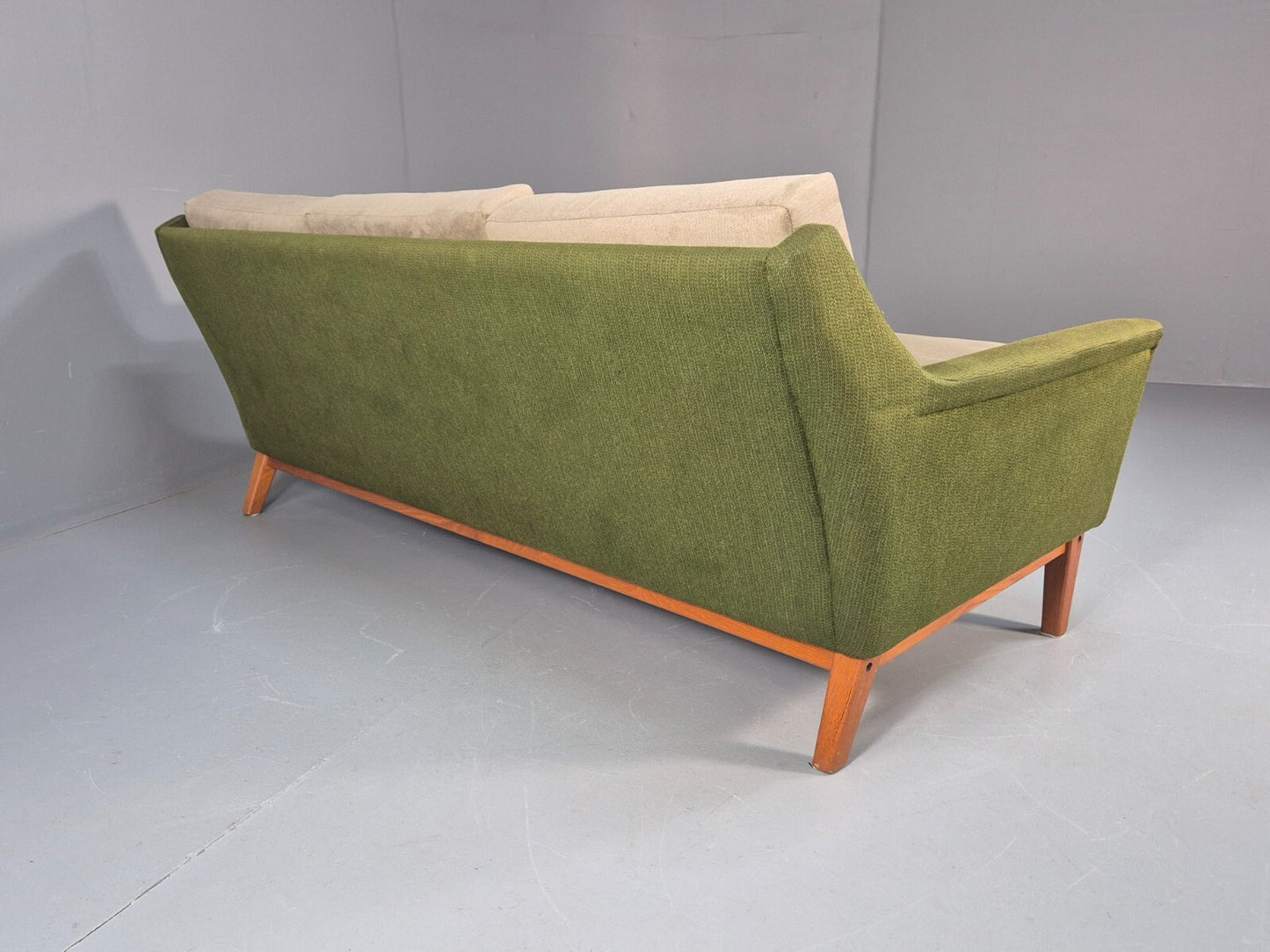 Mid Century 3 Seater Sofa Green Cream Fabric Teak Vintage Scandi EB9794 M3SS - UKDK FURNITURE
