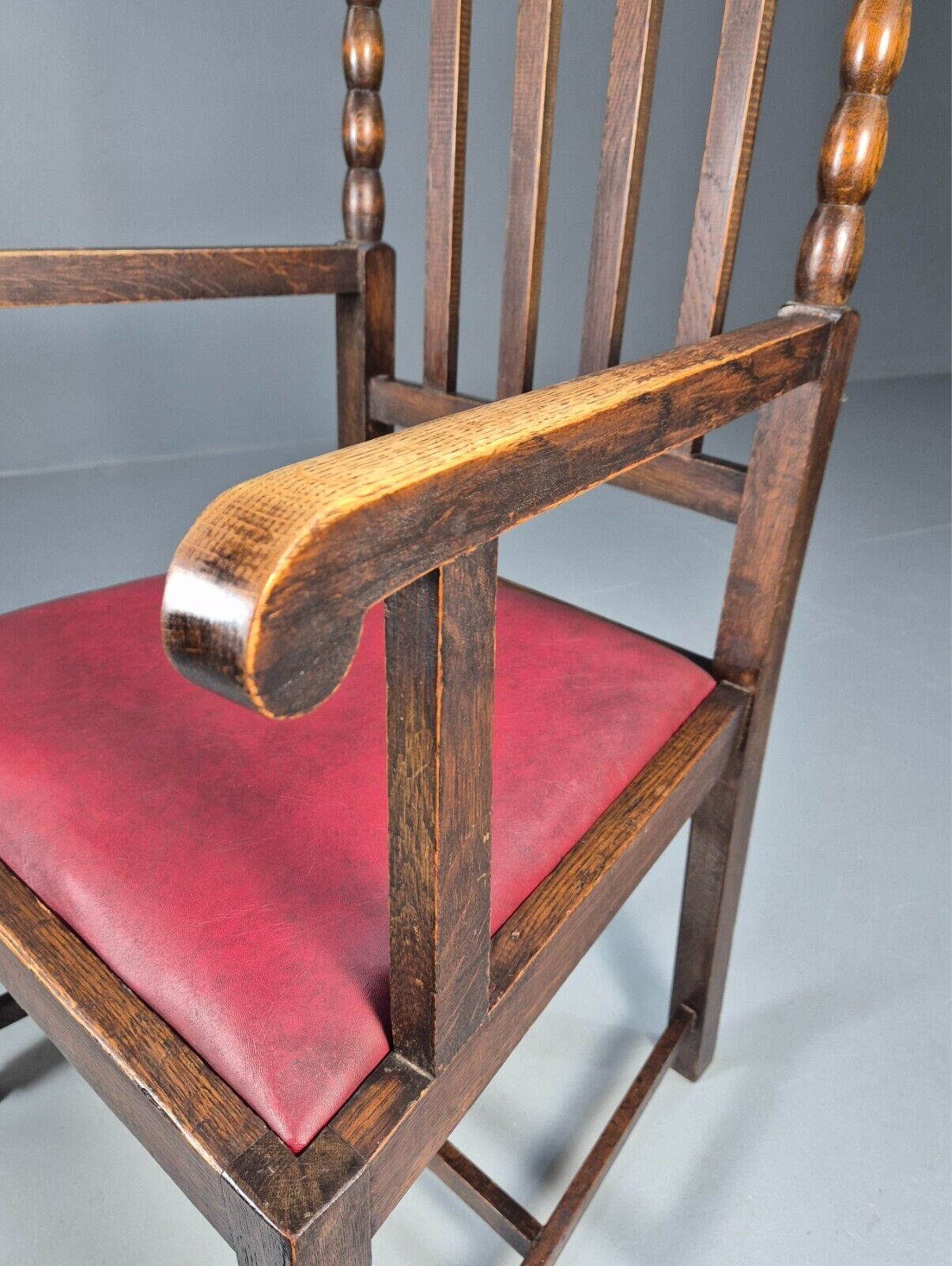 Vintage Elbow Chair Red Vinyl Oak Frame 1920s Antique EB9134 VDIN - UKDK FURNITURE