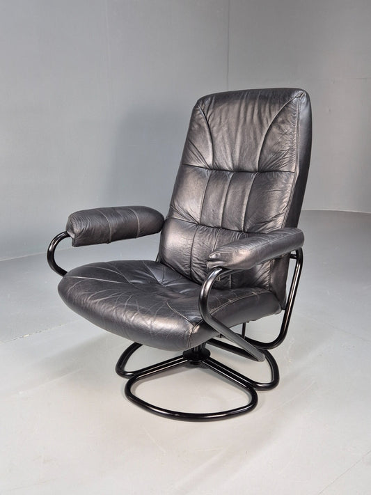 Vintage Danish Black Leather Vinyl Swivel Recline Chair 1980s Retro EB9311 MSWI - UKDK FURNITURE
