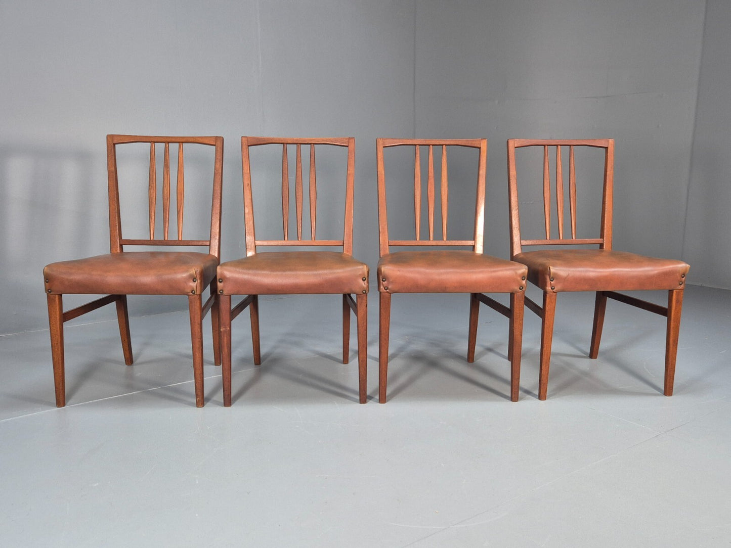 4 Gordon Russell Teak Dining Chairs Brown Vinyl 1960s Retro MCM EB9681 MDIN - UKDK FURNITURE
