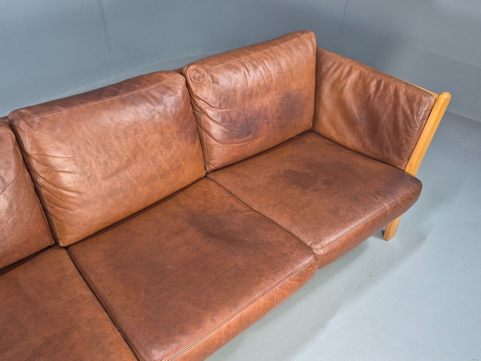 Vintage Danish 3 Seat Sofa Tan Leather Beech Ends Stouby Style MCM EB8751 M3SS - UKDK FURNITURE