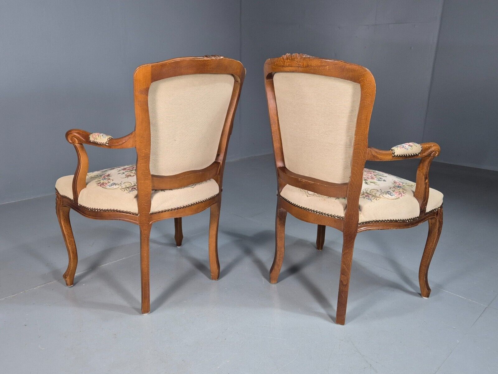 2 Vintage Danish Lounge Chairs Fauteuil Floral Tapestry French Repro EB8077 VCAR - UKDK FURNITURE
