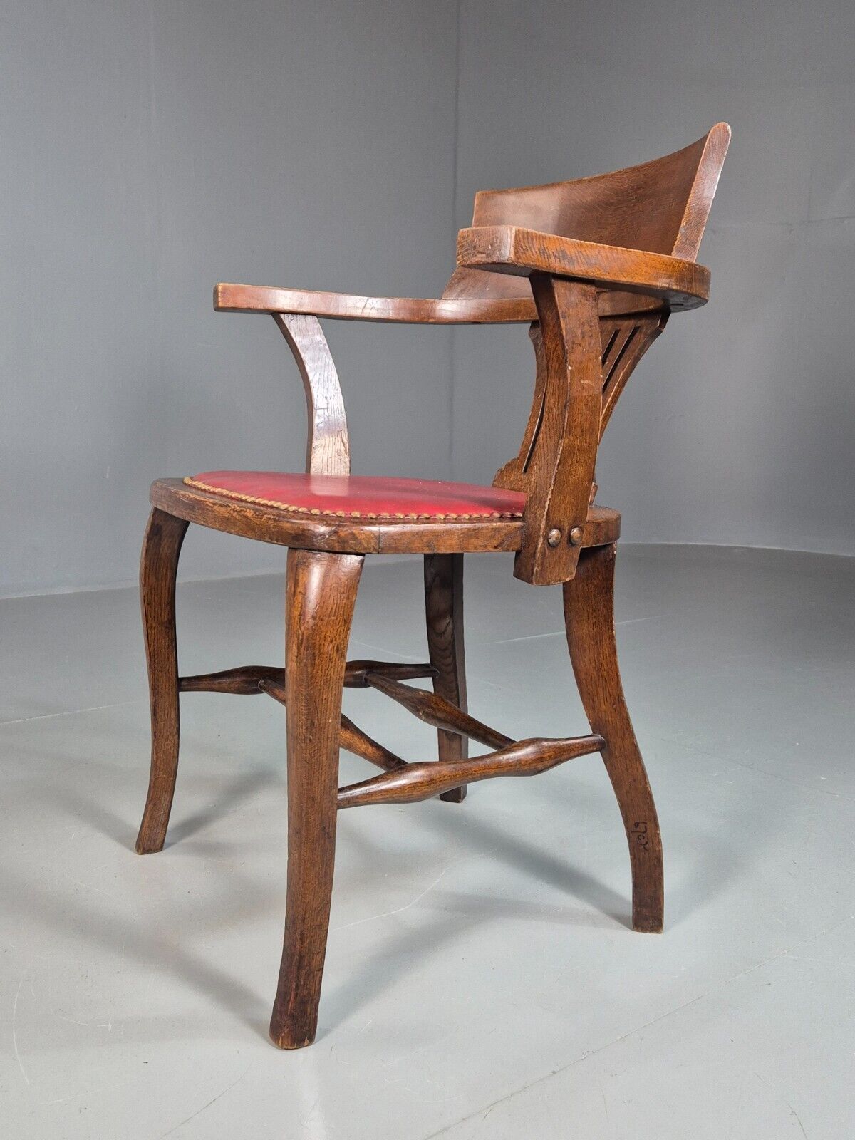 Vintage Elbow Chair Red Leatherette Oak Frame 1950s EB7871a VDIN - UKDK FURNITURE