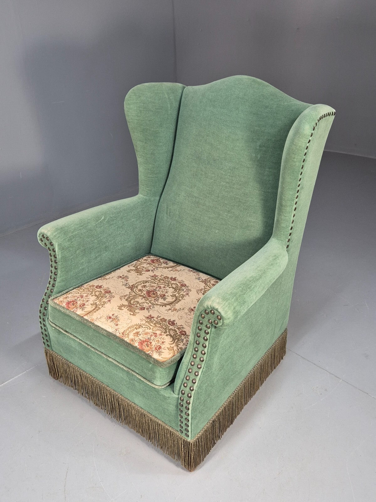 Vintage Danish Wingback Lounge Chair Green and Cream Floral Tassels EB9610 VCLO - UKDK FURNITURE