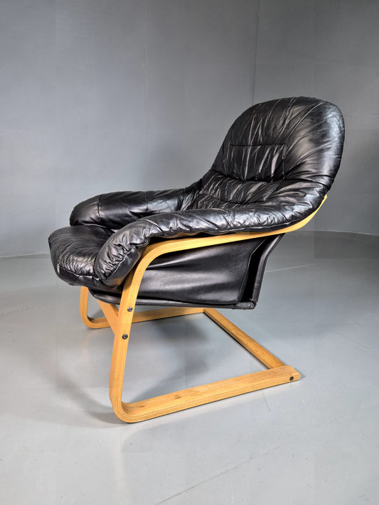 Vintage Danish Lounge Chair Black Leather Bentwood Cantilever Retro EB7229 MNOR - UKDK FURNITURE