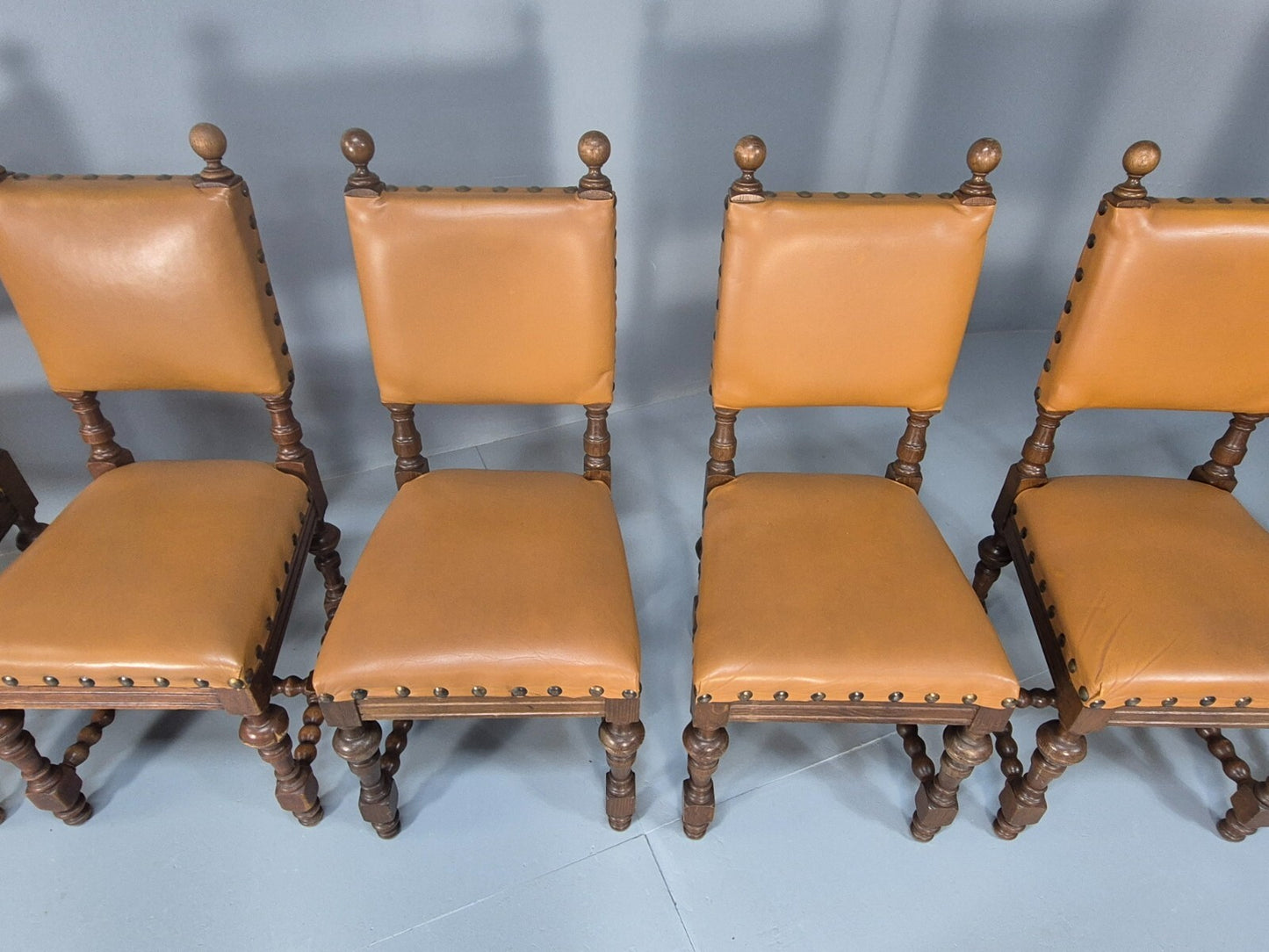 6 Vintage Danish Baroque Style Dining Chairs Oak and Tan Leather EB9649 VDIN - UKDK FURNITURE