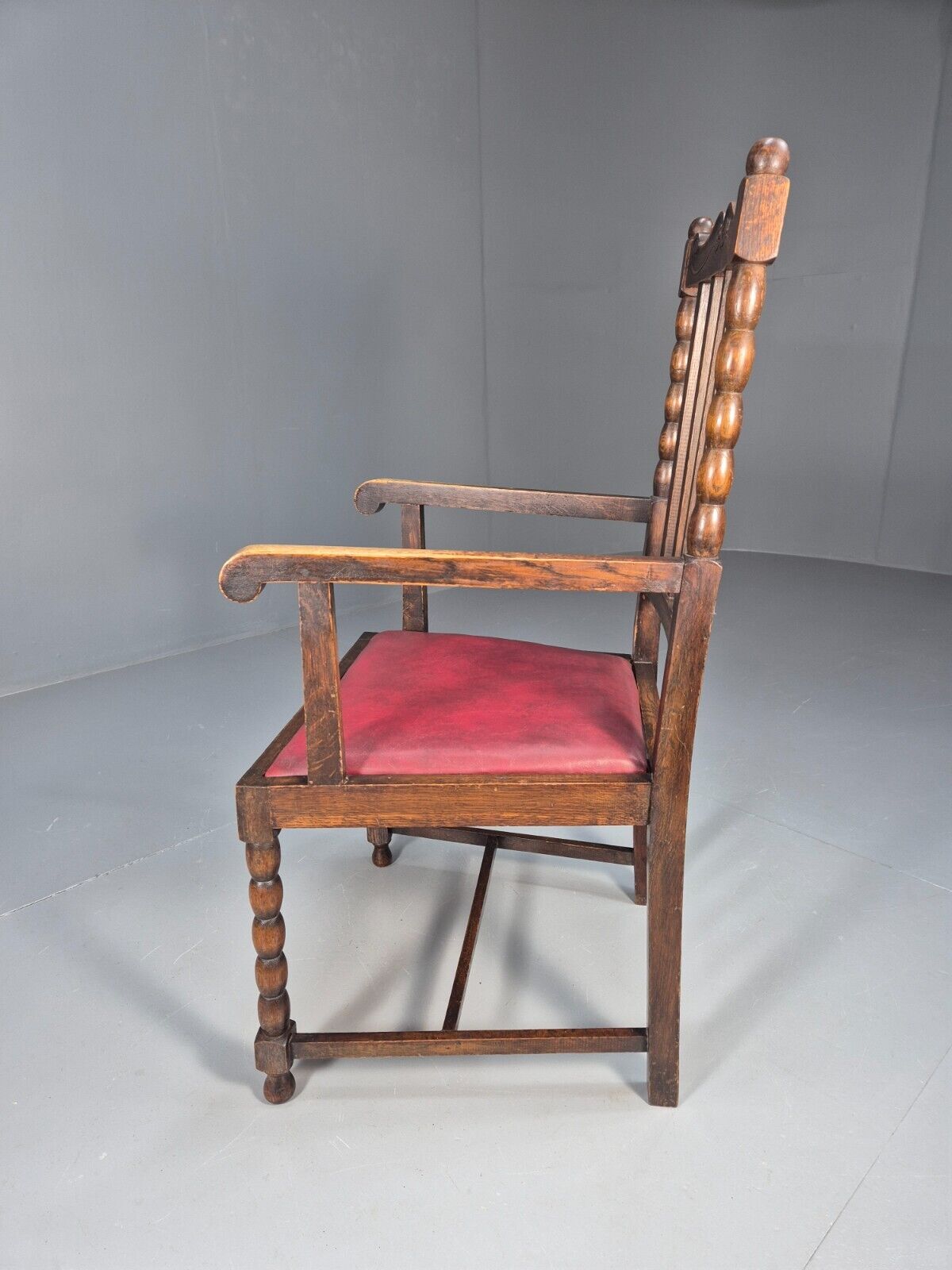 Vintage Elbow Chair Red Vinyl Oak Frame 1920s Antique EB9134 VDIN - UKDK FURNITURE