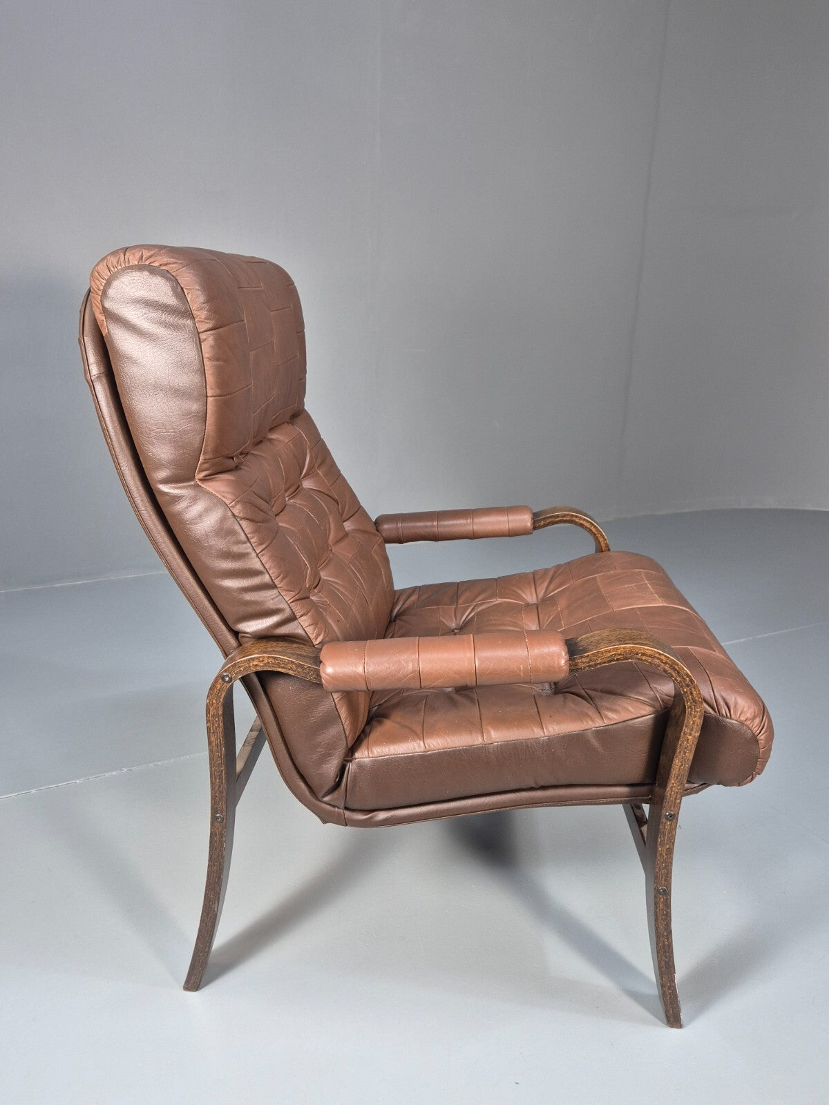 Vintage Danish Bentwood Lounge Chair Brown Leather Buttoned 1970s EB9486 MBEN - UKDK FURNITURE