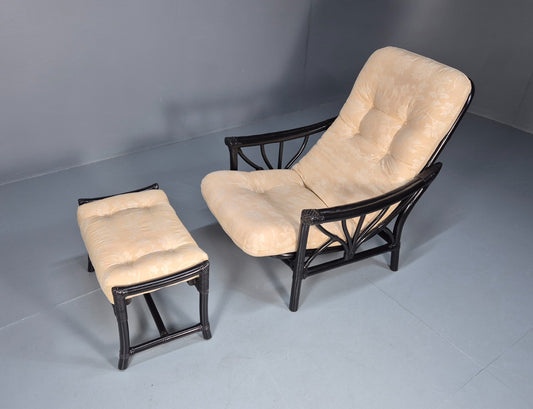 Vintage Japanned Bamboo Lounge Chair and Footstool 1980s Retro EB10718 VBER1