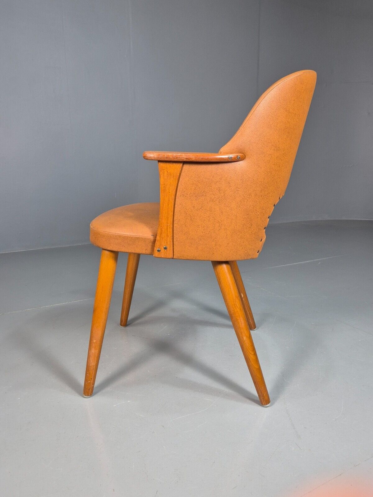 Vintage Tan Vinyl and Beech Small Arm Chair 1970s EB7663 MNOR - UKDK FURNITURE