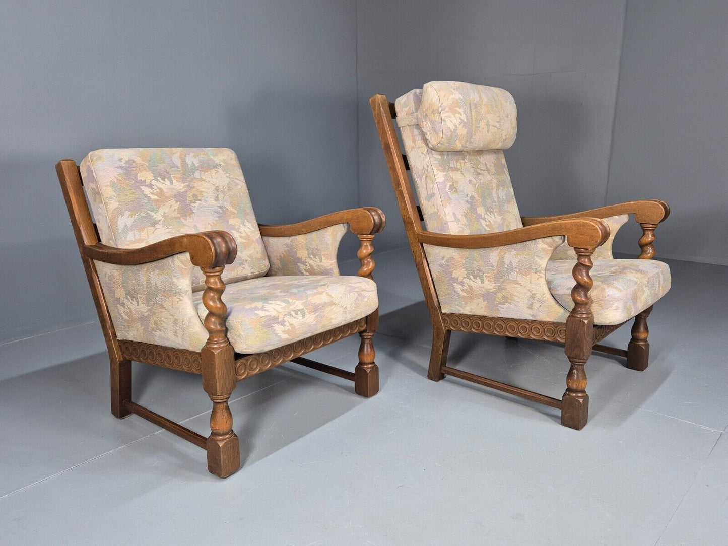2 Vintage Danish Lounge Chairs Floral Beige Cotton Oak Frame Baroque EB8952 VCLO - UKDK FURNITURE