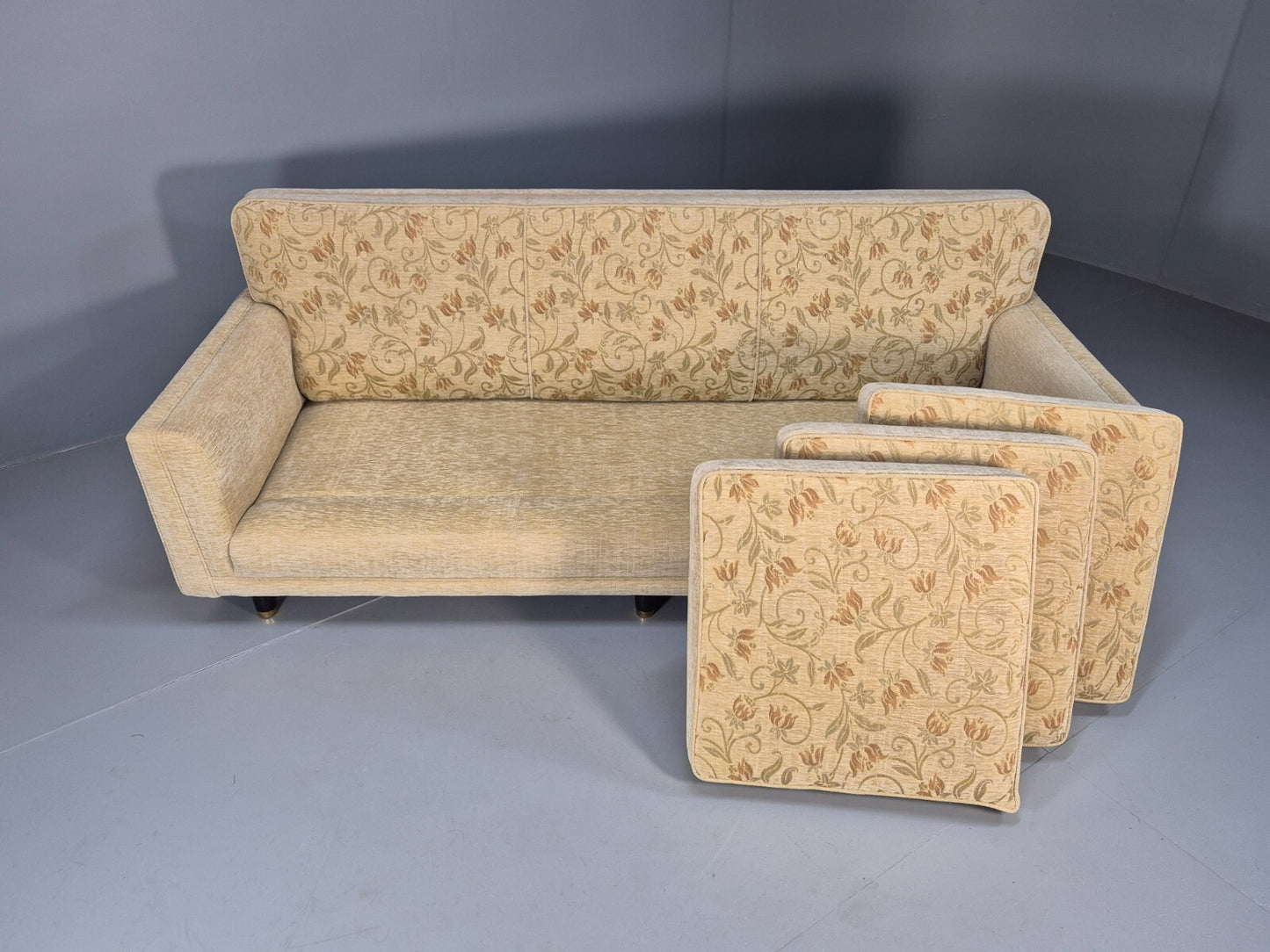Vintage 1960s Sofa Cream Floral Upholstery 3 Seat Quality Retro EB9680 M3SS - UKDK FURNITURE
