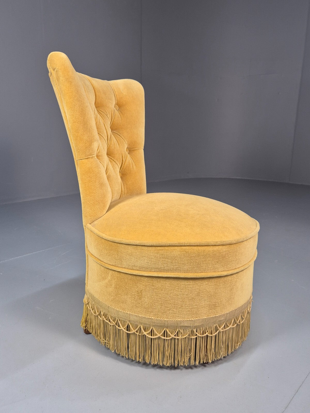 Vintage Yellow Velour Nursing Chair Button Back Tassels Retro EB9700 VCLO - UKDK FURNITURE