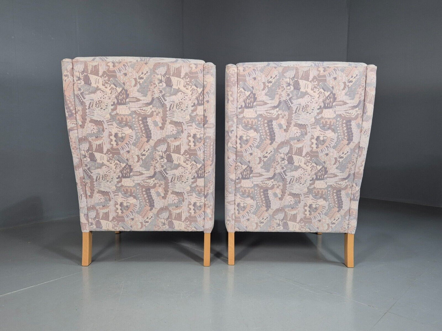 2 Vintage Danish Wing Back Lounge Chairs Cotton 1980s Fabric Retro EB8289 MNOR - UKDK FURNITURE