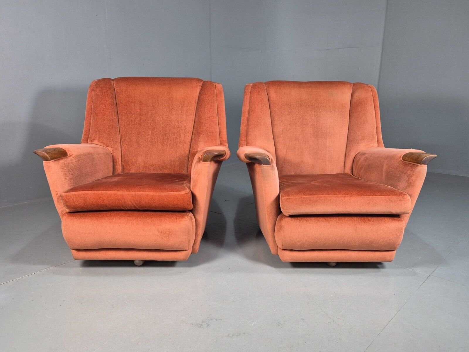 2 Vintage Lounge Chairs Pink Velour Teak Paws 1960s Retro EB8203 MNOR - UKDK FURNITURE