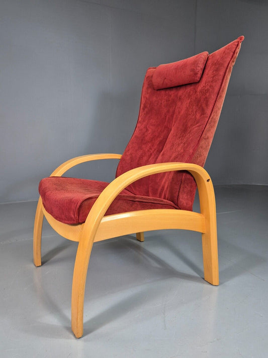 Vintage Danish Lounge Chair Red Cloth Oak Frame Reclines 1980s Retro EB7424 MBEN - UKDK FURNITURE