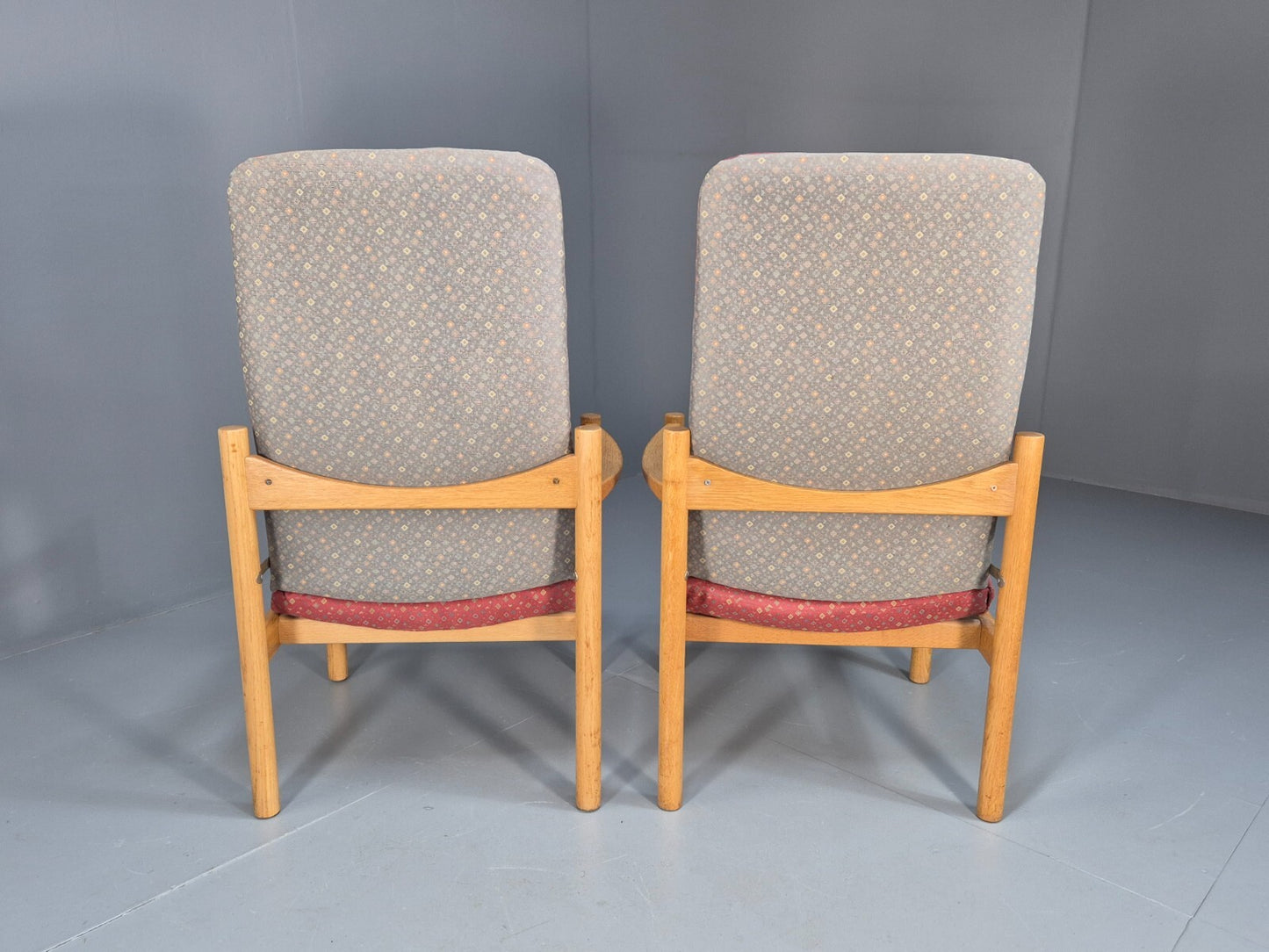 2 Vintage Danish High Back Armchairs Pink and Grey Oak Frame MCM EB9370 MNOR - UKDK FURNITURE
